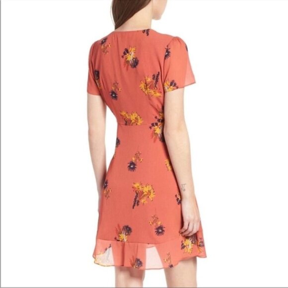 MADEWELL Coral Faux Wrap Posey Cactus Floral Mini Ruffle Dress Fully Lined SZ 4 - Picture 2 of 8
